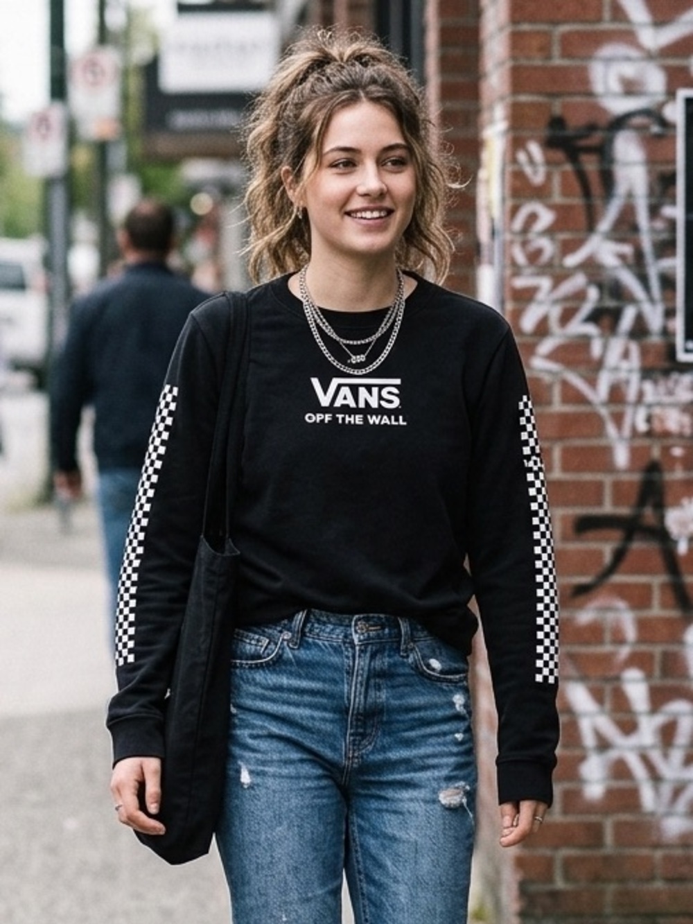 Vans Black and White Checkered Crewneck Sweater US Small Streetwear 90s Y2K